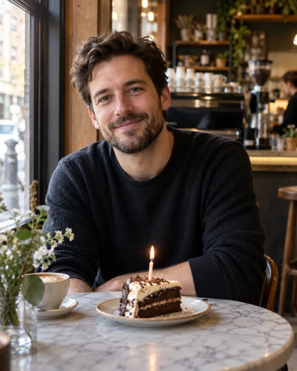 Birthday photoshoot idea: café table, one candle