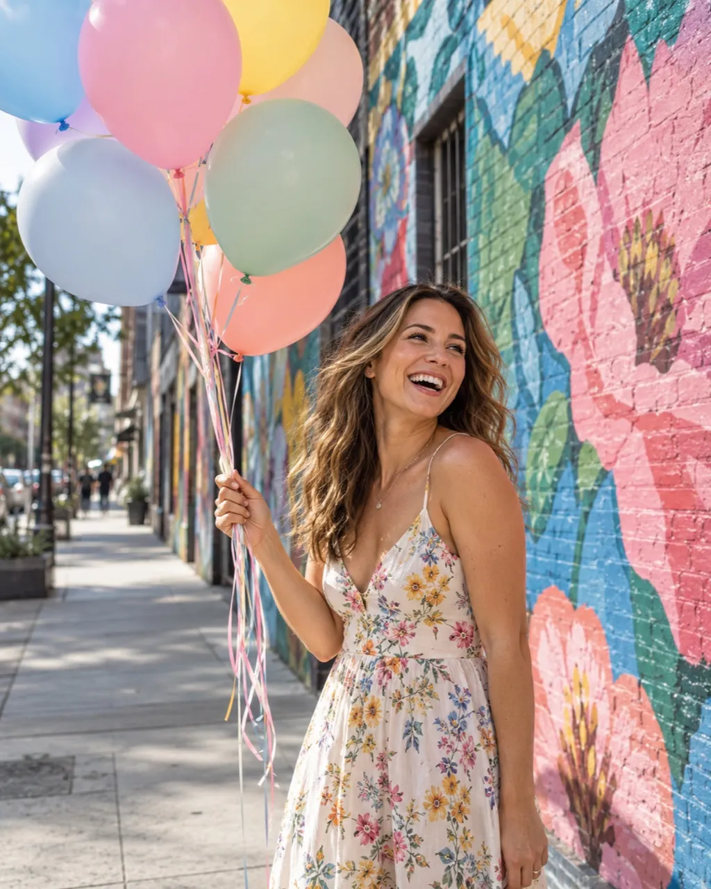 Birthday photoshoot idea: balloons against a mural