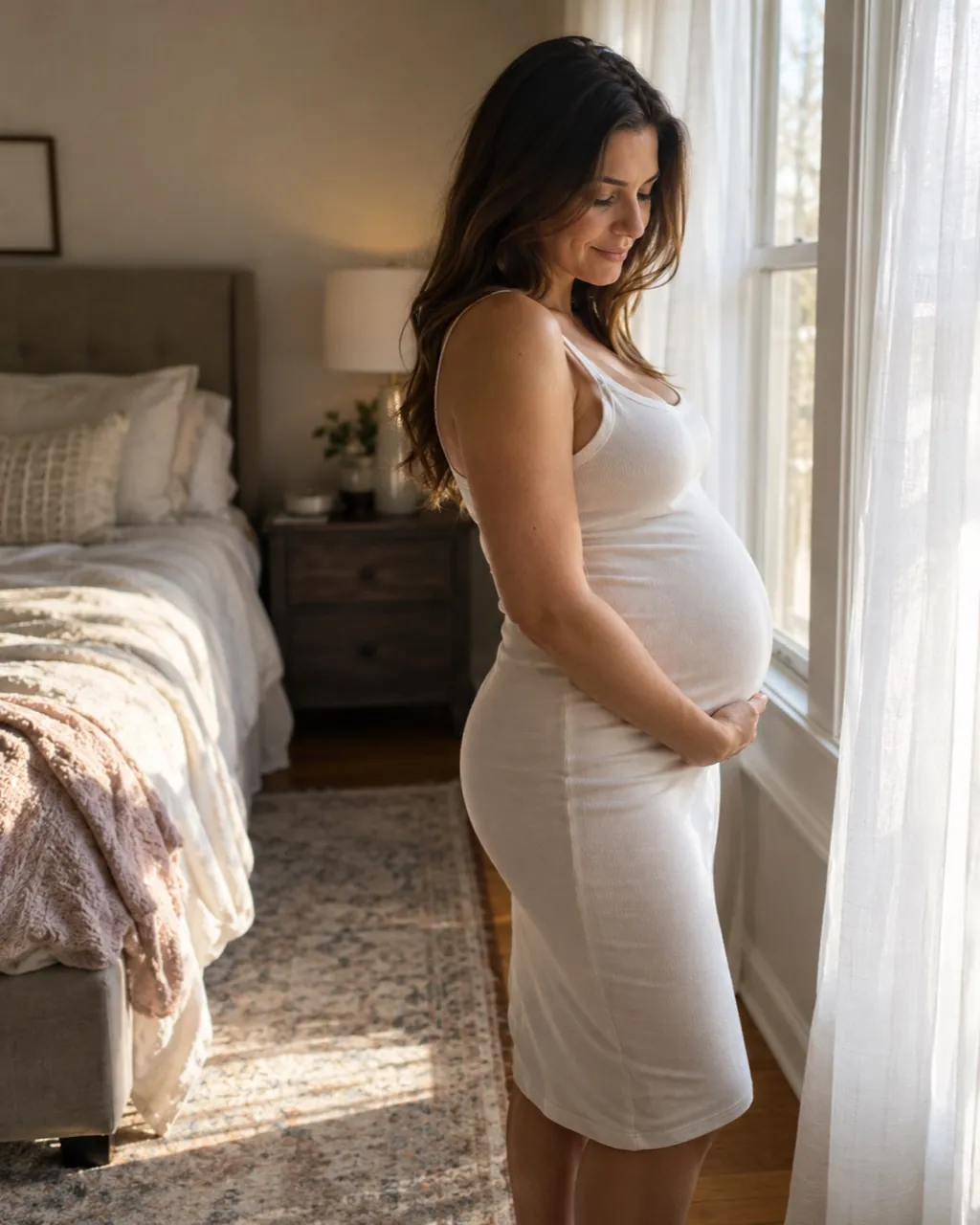 Maternity photoshoot idea: sheer curtains at home